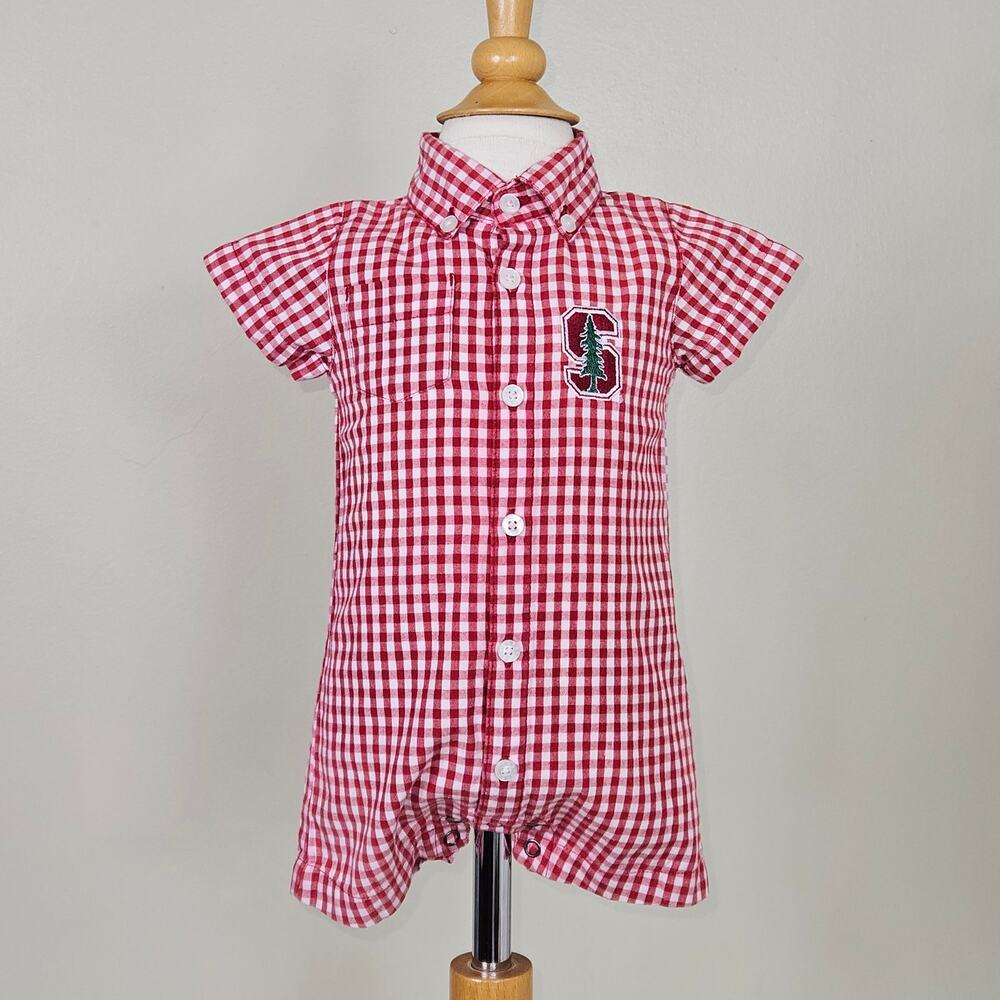 Garb‎ Stanford University Baby Shortalls Romper Red Gingham Print | 0-3 Months